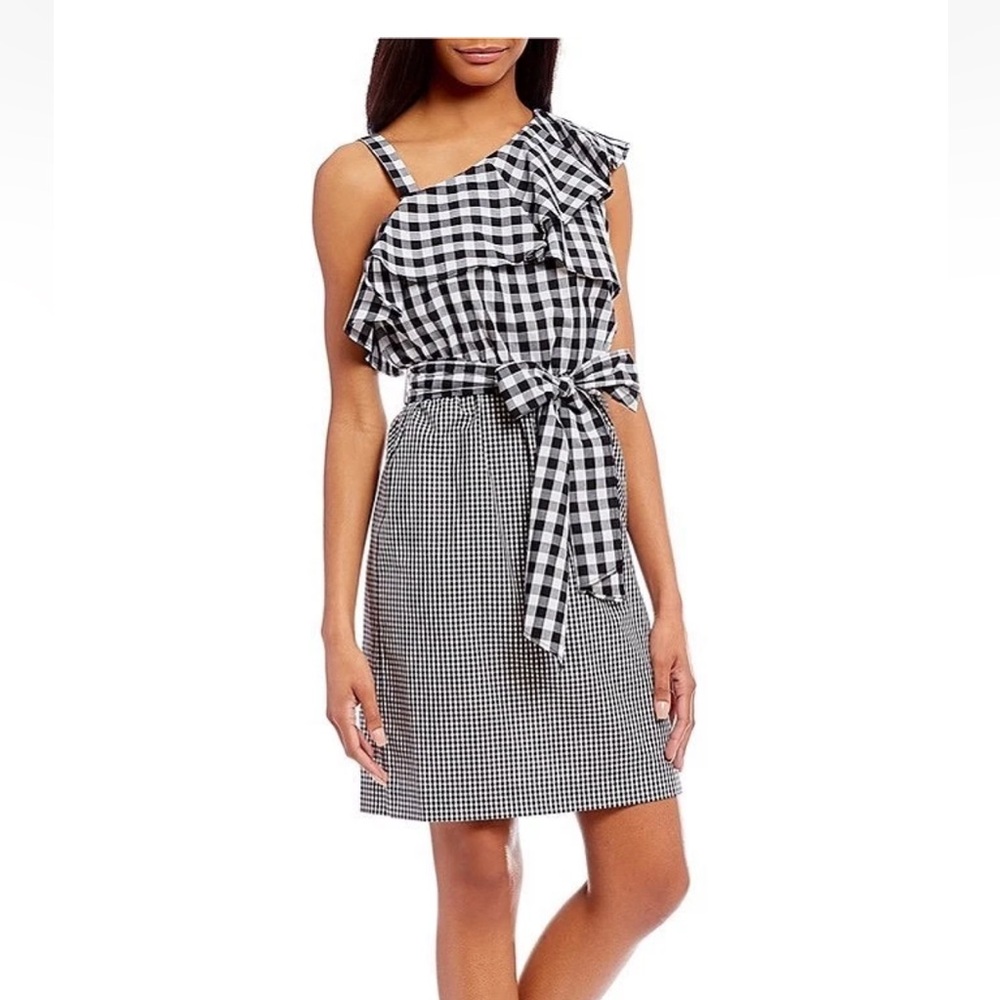 Calvin Klein Black White Gingham One Shoulder Ruffle Belted Sheath Dress 10 NWT🐸